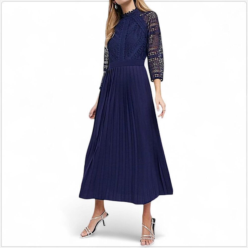 Little Mistress Navy Blue High Neck Lace Bodice Pleated Skirt Midi Dress NWT 6